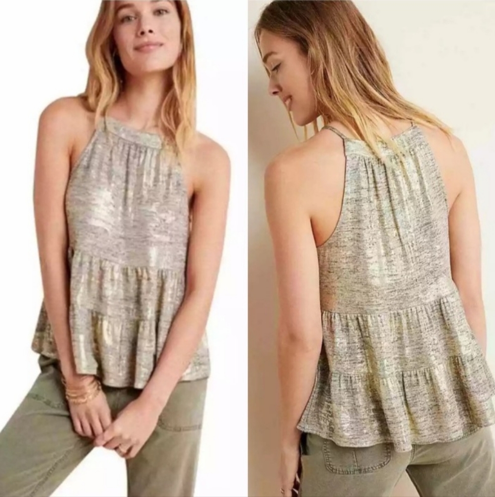 Anthropologie Sundays in Brooklyn Becca Tiered Metallic Gold Tank Top Size XS